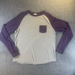 Hybrid Threads Men’s Large Baseball Tee Grey Stripe Purple Raglan Pocket Shirt